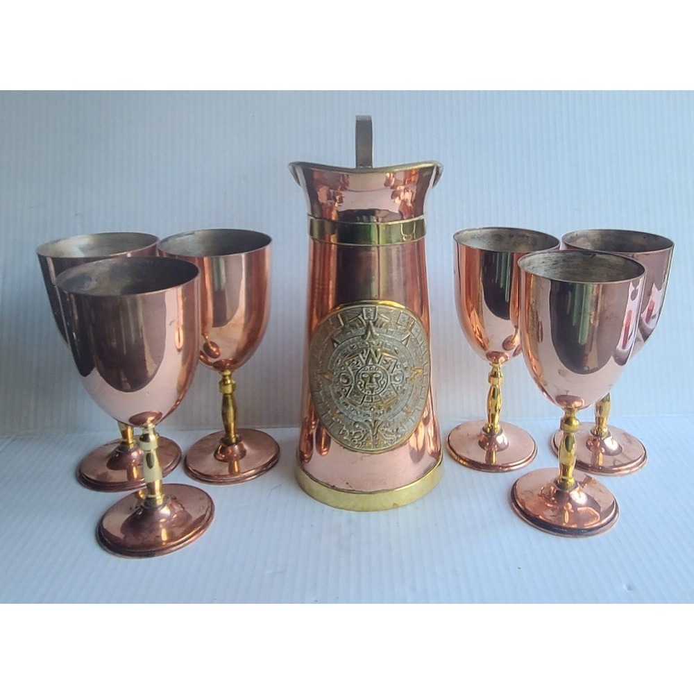 Vintage Orfe Mex Mexican Copper Brass Wine Water Pitcher & 6 Goblets RARE Unique